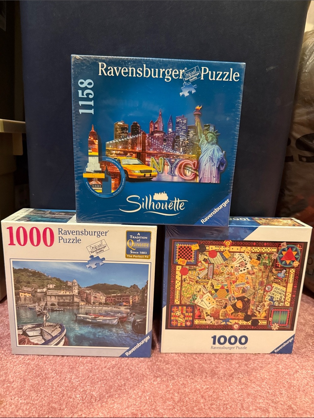 Ravensburger set of 3 new NYC Silhouette, Vintage games, medieval Harbor Puzzles